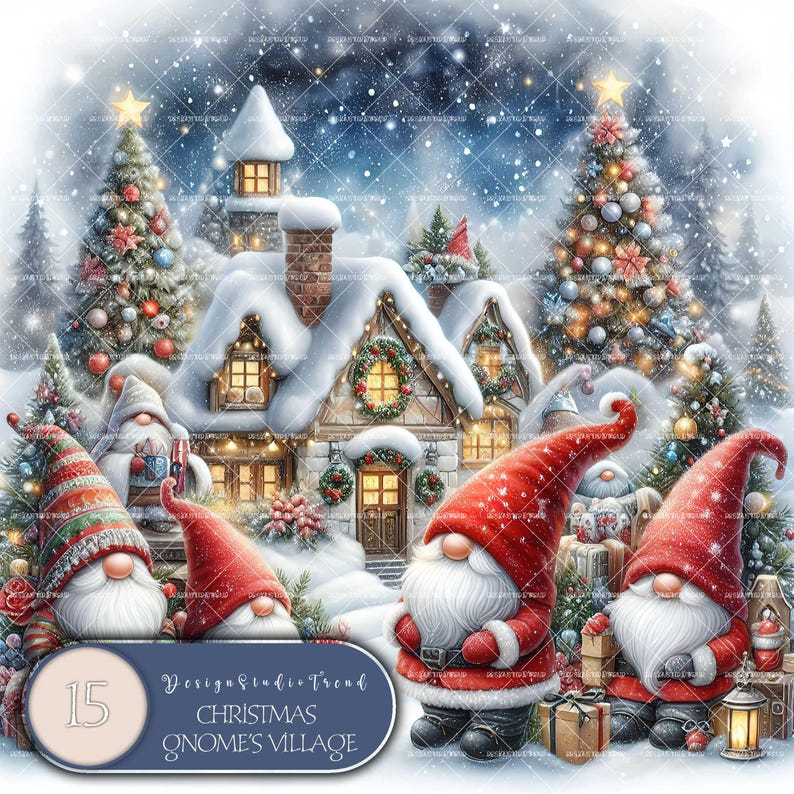 Puede incluir: Una escena de pueblo navide&ntilde;o nevado con una casa de jengibre, un &aacute;rbol de Navidad y cinco gnomos. Los gnomos llevan gorros rojos y blancos y tienen largas barbas blancas. El texto "15 Design Studio Trend Christmas Gnome's Village" est&aacute; en la parte inferior de la imagen.