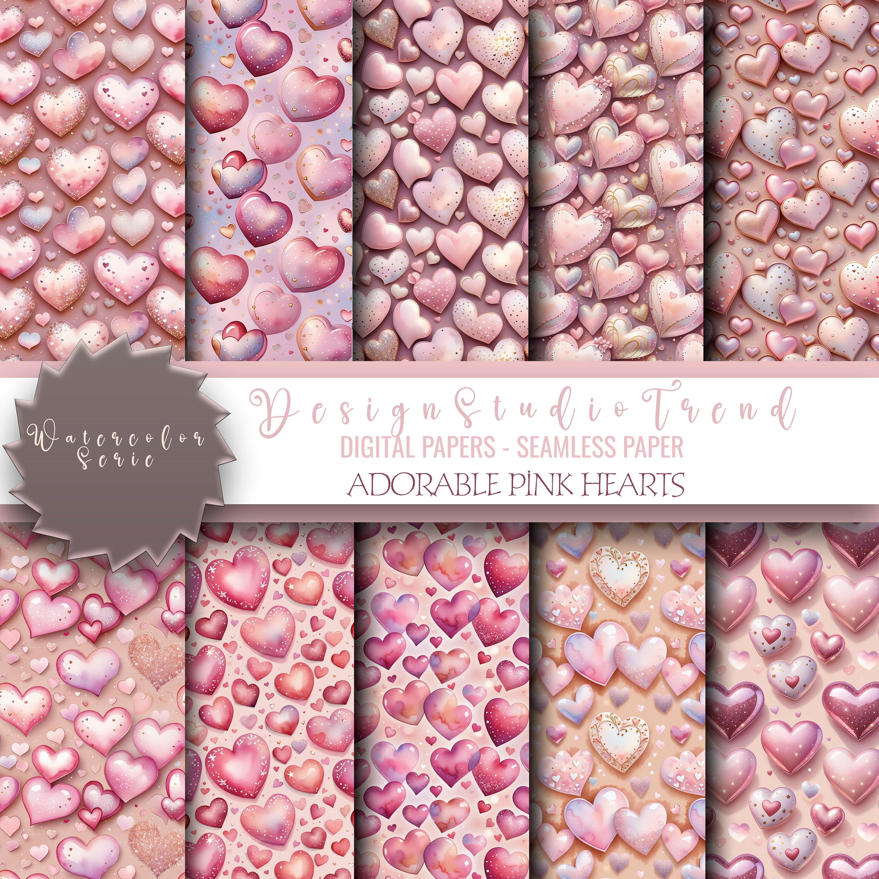 Pink Hearts Pattern Pink Hearts Clipart Set: 10 Seamless Valentine's Day Patterns ...