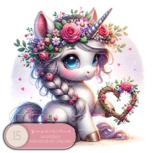Conjunto de clipart de unicórnio de coração de guirlanda de dia dos namorados – 15 ilustrações encantadoras de unicórnio de bebê pastel para artesanato inspirado no amor – Não transparente