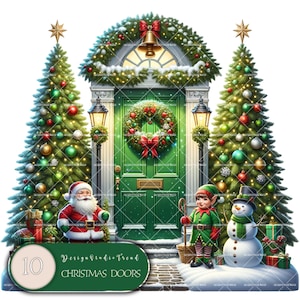 Colección de imágenes prediseñadas de puertas navideñas mágicas: 10 encantadores archivos PNG con temática navideña - Arte navideño de cuento de hadas - Uso comercial