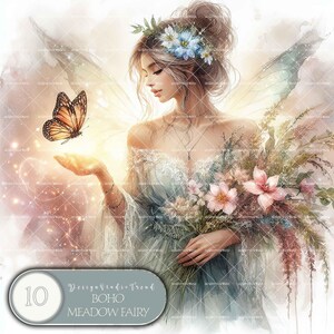 Conjunto de clipart caprichoso estilo boho Meadow Fairy Wonderland - Decoração de berçário - 10 designs boho PNG - Não transparente - Uso comercial