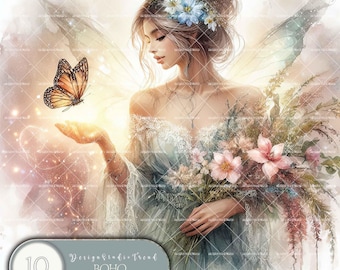 Boho Fairy Clipart Set: Meadow Wonderland Designs (10 PNG, Commercial Use)