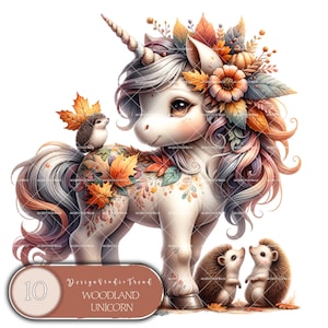 Clipart di unicorno bambino del bosco - 10 PNG unicorni magici pastello - Download digitale autunnale carino - Uso commerciale