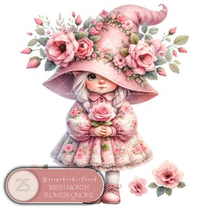 Clipart de nain de fleurs du mois de naissance enchanté - 25 pcs gnomes féminins magiques pour décoration de chambre d'enfant et designs par sublimation