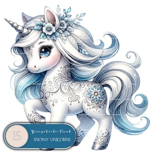 Winter Wonderland Unicorn clipartcollectie - magische reis van 15 betoverde bevroren ontwerpen voor sublimatiecreaties - commercieel gebruik