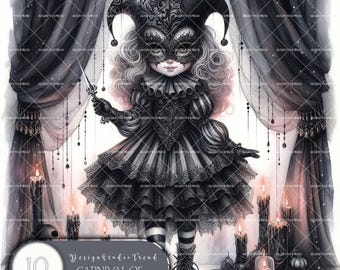 Gruseliger Karneval der Schatten Jester Clipart: 10 Halloween PNG Designs (Kommerzielle Nutzung)