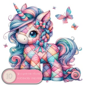 Patchwork Baby Unicorn Clipart - 10 PNG Pastel Unicorns - Download digitale di Cute Baby Unicorn per uso commerciale