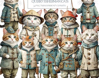 May include: Digital art featuring a collection of quirky fisherman cats. Each cat is dressed in vintage-style fishing attire, including coats, hats, and fishing rods. The cats have various fur patterns and colors, with a whimsical and detailed design.