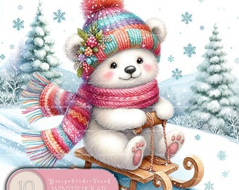 Eisbär Schlitten fahrend Clipart: Winter Kinderzimmer Deko (10 Designs, Kommerzielle Nutzung)