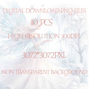 May include: A digital download of 10 high-resolution PNG files featuring a winter fairy with a snowflake in a snowy forest setting. The images are 3072 x 3072 pixels and 300 DPI. The background is non-transparent.