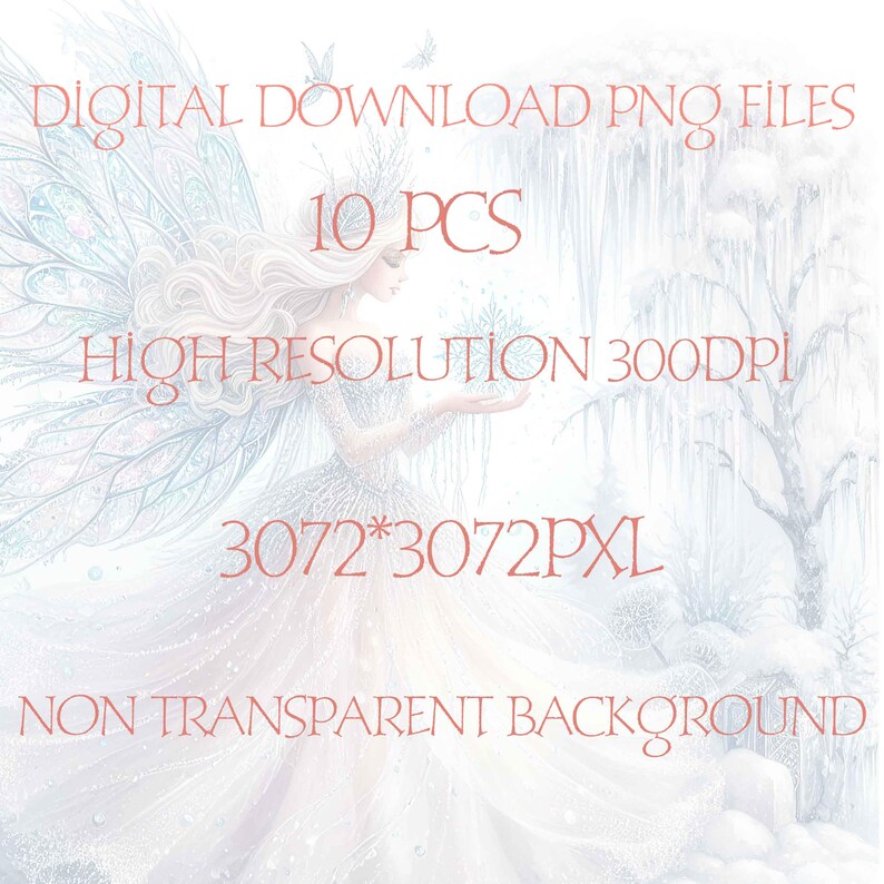 May include: A digital download of 10 high-resolution PNG files featuring a winter fairy with a snowflake in a snowy forest setting. The images are 3072 x 3072 pixels and 300 DPI. The background is non-transparent.