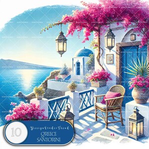 Collection de cliparts Santorin, Grèce - Un voyage magique de 10 motifs méditerranéens estivaux pour des créations par sublimation - Usage commercial