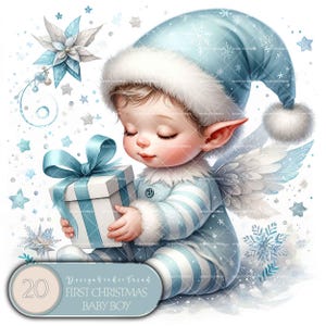 Ensemble de cliparts premier Noël pour bébé garçon - 20 modèles bleus au pays des merveilles de l'hiver pour chambre de bébé et sublimation - Non transparent pour un usage commercial