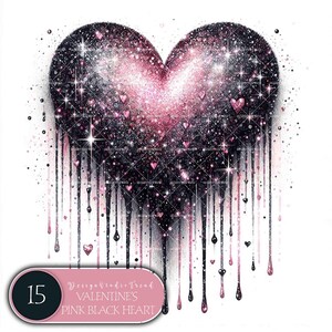 May include: A pink and black glitter heart with a galaxy design. The heart is dripping with pink and black glitter. The text "Design Studio Trend VALENTINE'S PINK BLACK HEART" is at the bottom of the image.