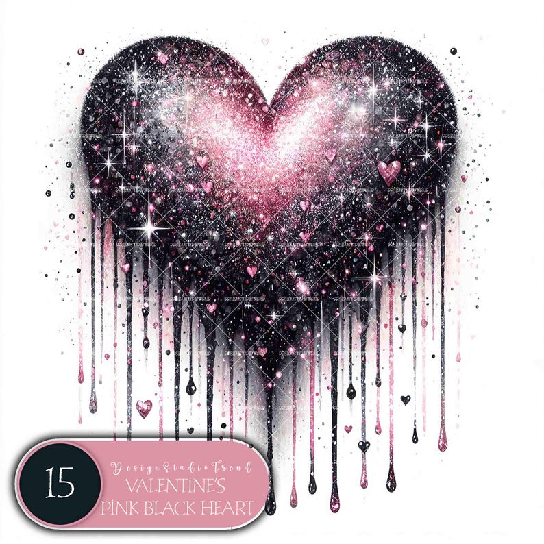 May include: A pink and black glitter heart with a galaxy design. The heart is dripping with pink and black glitter. The text "Design Studio Trend VALENTINE'S PINK BLACK HEART" is at the bottom of the image.