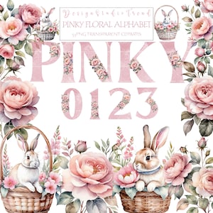 Alphabet rose PNG Bundle - 53 cliparts rose layette, lettres florales, lapin de Pâques - téléchargement numérique - Transparent de haute qualité - usage Commercial