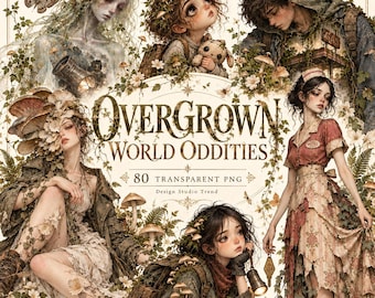 May include: A digital collection titled Overgrown World Oddities featuring 80 transparent PNG images of characters and elements adorned with mushrooms, vines, and foliage. The artwork displays various figures in weathered clothing.