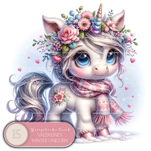 Conjunto de clipart de unicórnio de inverno para o dia dos namorados – 15 ilustrações encantadoras de unicórnios bebês em tons pastéis para artesanatos inspirados no amor – Não transparente