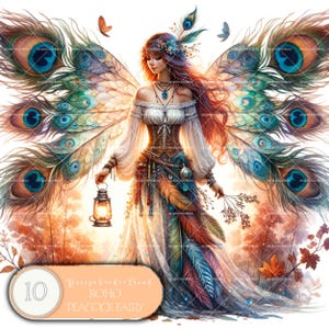 Grillige Boho-stijl Peacock Feather Fairy Clipart Set - Decor van de Kwekerij - 10 PNG Boho Designs - niet-transparant - commercieel gebruik