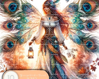 Boho Peacock Fairy Clipart Set: Whimsical Nursery Decor (PNG, Commercial Use)