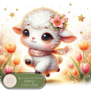 Agnello tulipano primaverile - 10 adorabili disegni di animali per decorazioni per la cameretta del bambino - Clipart per bambini - Non trasparente - Uso commerciale