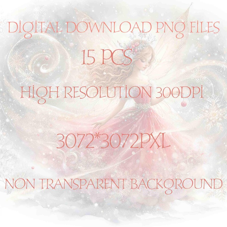 May include: A digital download of 15 high-resolution PNG files featuring a winter fairy with a pink dress and a crown. The image is 3072 x 3072 pixels and 300 DPI. The background is non-transparent.