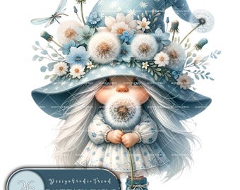 Dandelion Gnome - 26pcs Enchanting Female Gnome Clipart Set - Magical Nursery Decor, Bedtime Friends, Gnome Admirers, Sublimation Design