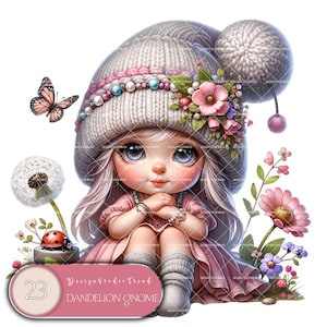 Gnomo de diente de león rosa - Juego de 23 imágenes prediseñadas de gnomos femeninos encantadores - Decoración mágica para guardería, amigos para la hora de dormir, diseño de sublimación para admiradores de gnomos