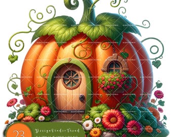 May include: A whimsical fairy house shaped like a pumpkin with a green door and a window with flowers. The house is surrounded by green vines and colorful flowers. The text "23 Design Studio Trend Fairy Vegetables Houses" is at the bottom of the image.
