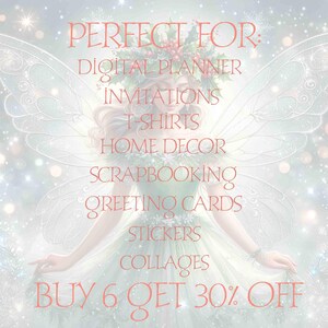 May include: A digital graphic with a fairy-like figure in a green dress and a floral crown. The text reads "PERFECT FOR: DIGITAL PLANNER, INVITATIONS, T-SHIRTS, HOME DECOR, SCRAPBOOKING, GREETING CARDS, STICKERS, COLLAGES, BUY 6 GET 30% OFF".