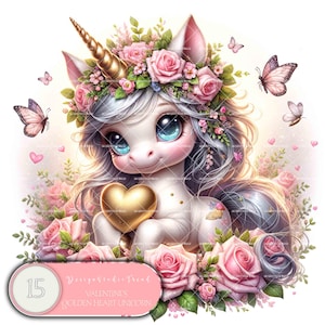 Dia dos Namorados Coração Dourado Unicórnio Clipart – 15 Encantadoras Ilustrações Pastel Bebê Unicórnio para Artesanato Inspirado no Amor – Não Transparente