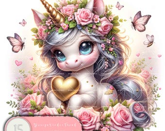 Golden Heart Unicorn Clipart: 15 Pastel Valentine Illustrations (Digital Download)