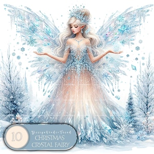 May include: A digital illustration of a fairy with ice blue wings and a long white dress. She is wearing a crown and has a delicate, ethereal look. The background is a winter scene with snow-covered trees and snowflakes falling.