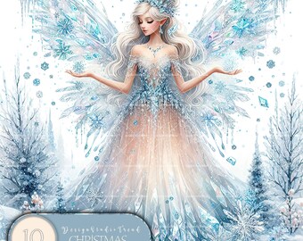 May include: A digital illustration of a fairy with ice blue wings and a long white dress. She is wearing a crown and has a delicate, ethereal look. The background is a winter scene with snow-covered trees and snowflakes falling.