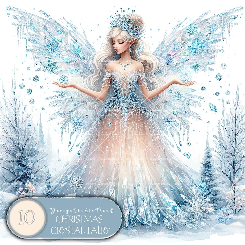May include: A digital illustration of a fairy with ice blue wings and a long white dress. She is wearing a crown and has a delicate, ethereal look. The background is a winter scene with snow-covered trees and snowflakes falling.