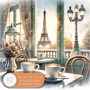 Colección de imágenes prediseñadas de café matutino romántico en París: viaje mágico de 10 diseños para amantes del café para creaciones por sublimación: uso comercial