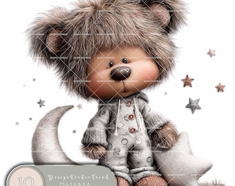 Whimsical Pajama Animals Clipart Set – 10 PNG Quirky Set – Non Transparent Commercial Use