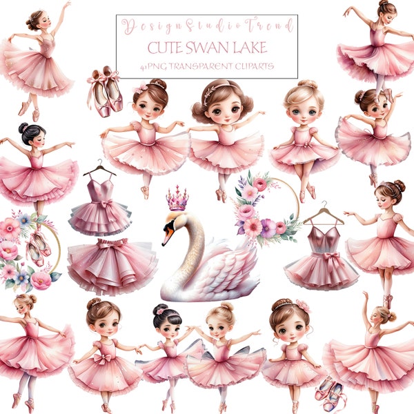 Graceful Ballerina and Swan PNG Graphics - 41pcs Watercolor Swan Lake Clipart Collection - Commercial Use - Pink Ballet Clipart