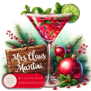 Clipart di cocktail per le feste - 22 illustrazioni di bevande natalizie - Decorazione digitale per bar per feste - Uso commerciale