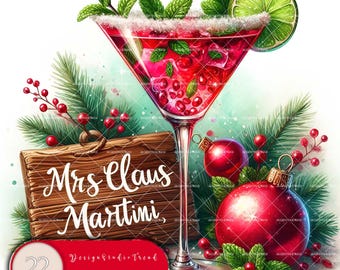 May include: A festive Christmas cocktail called "Mrs. Claus Martini" with a red and white garnish, a lime wedge, and red Christmas ornaments. The drink is in a martini glass and the text "22 Christmas Cocktails" is on a red and white label.