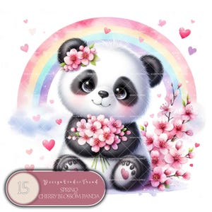 Panda de flor de cerejeira da primavera - 15 adoráveis designs de animais para decoração de berçário de chá de bebê - Wonderland Clipart - Não transparente - Uso comercial