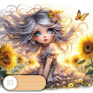 Frühling Wunderliche Sonnenblume Mädchen Clipart - 10 Blumen PNG Designs für Sublimation & Basteln - Digitaler Download - Nicht transparent