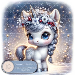 Fiocchi di neve di Natale, set di clipart per bambini, unicorni - Arte invernale accogliente per progetti artigianali e fai da te - Magico non trasparente - Uso commerciale
