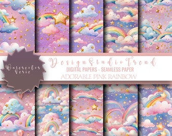 Dreamy Pink Rainbow Clipart Set - 10pcs Seamless Patterns - Watercolor Themed - Commercial Use - Instant Download