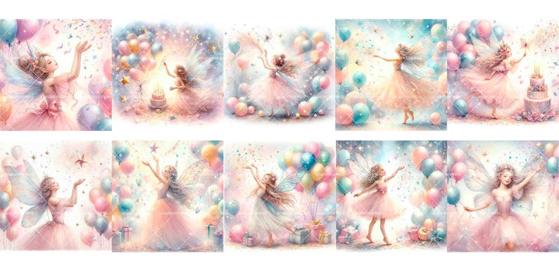 K&ouml;nnte beinhalten: Ein Set mit zehn Gru&szlig;karten, die eine Fee mit Fl&uuml;geln und einem rosa Kleid zeigen, umgeben von bunten Luftballons und Konfetti. Die Karten sind perfekt f&uuml;r Geburtstage oder andere Feiern.