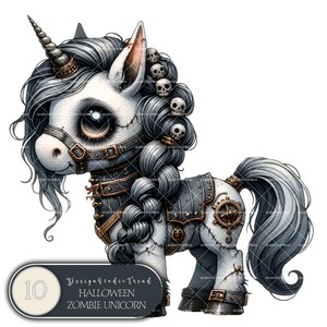 Clipart di unicorno bambino zombi stravagante - 10 PNG unicorni magici pastello - Download digitale carino di Halloween - Uso commerciale