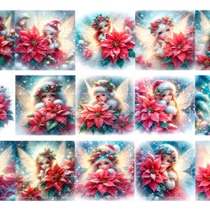 Op de afbeelding: Twaalf digitale illustraties van fee&euml;n met vleugels, die wintermutsen dragen en kerststerren vasthouden. De fee&euml;n zijn afgebeeld in een fantasierijke stijl met glinsterende ogen en delicate gelaatstrekken.