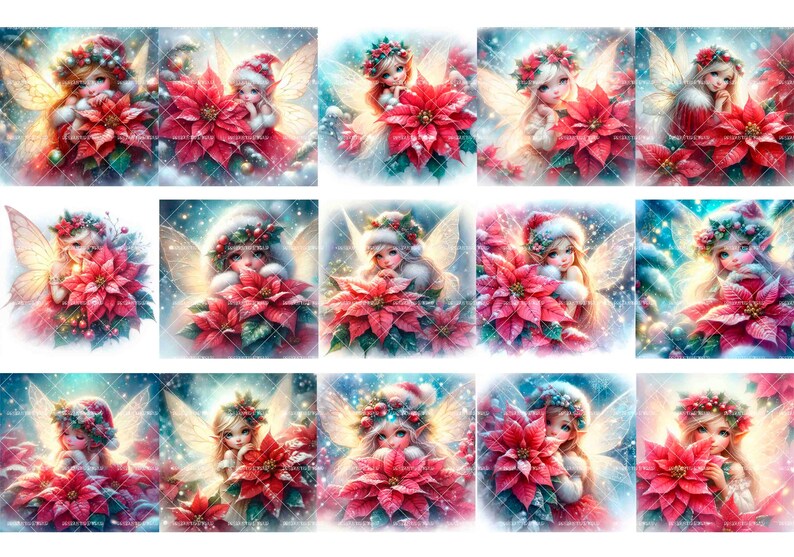 Op de afbeelding: Twaalf digitale illustraties van fee&euml;n met vleugels, die wintermutsen dragen en kerststerren vasthouden. De fee&euml;n zijn afgebeeld in een fantasierijke stijl met glinsterende ogen en delicate gelaatstrekken.