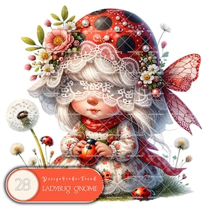 Ladybug Girl Gnome - Set di 28 clipart di gnomi femminili incantevoli - Decorazione magica per la cameretta dei bambini, amici della buonanotte, ammiratori degli gnomi, design a sublimazione