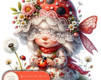 Ladybug Girl Gnome Clipart Set: Whimsical Nursery Decor (28 PNG)